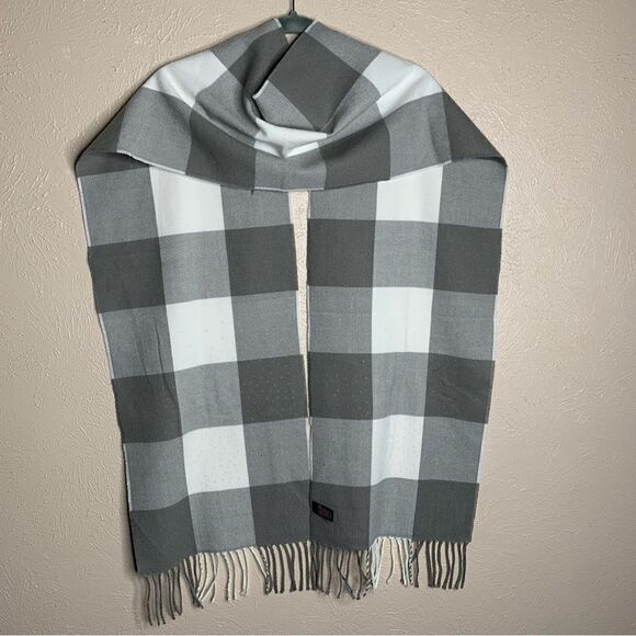 Victorias secret woven long scarf fringe checkered white gray VS - Picture 5 of 8